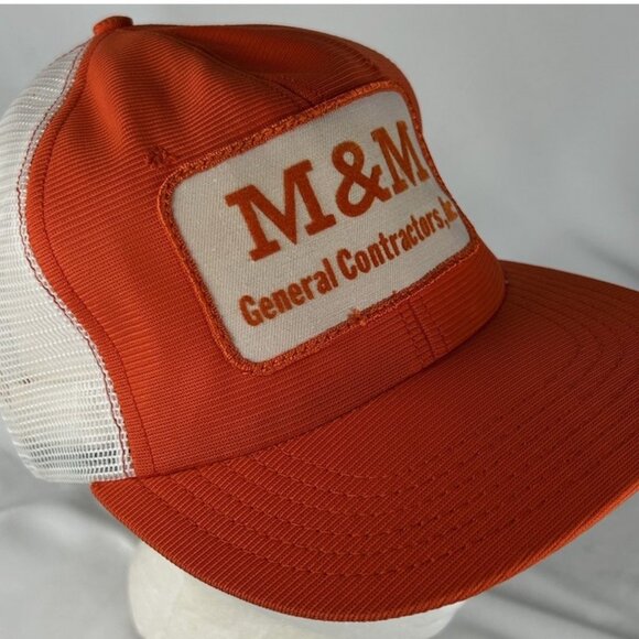 Other - Vintage M & M General Contractors Orange Mesh Snapback Trucker Hat Cap Patch USA